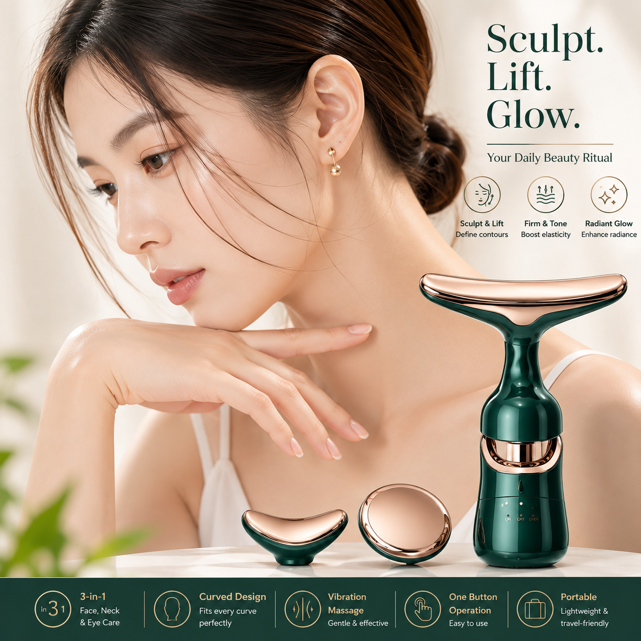 3-in-1 Facial Massager for Face, Neck & Eyes | Vibration Face Sculpting & Skincare Beauty Device