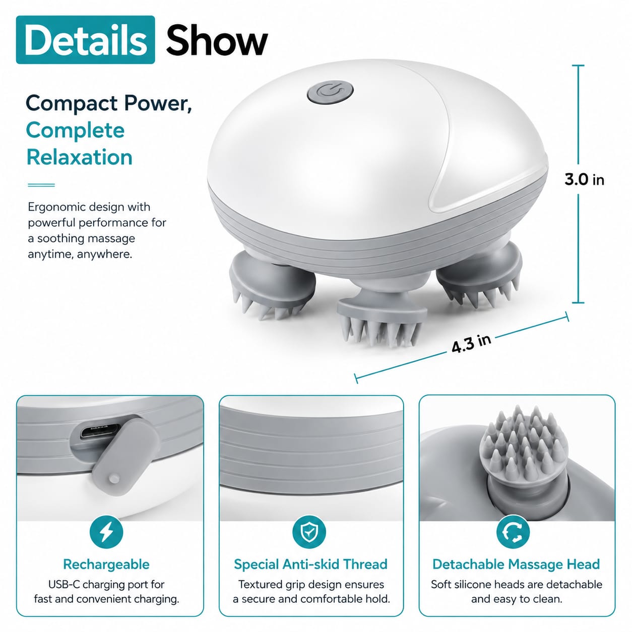 Electric Scalp & Head Massager with Red Light Therapy – 96 Kneading Points & Detachable Massage Head