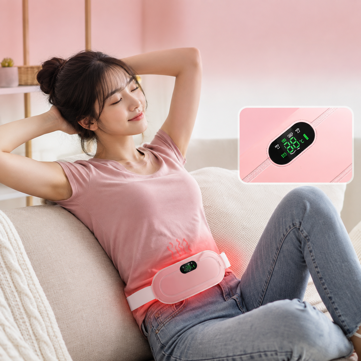 Cordless Electric Heating & Massage Belt – 3-Level Heat & 4-Level Vibration for Menstrual Cramps, Belly & Back Relief | Pink