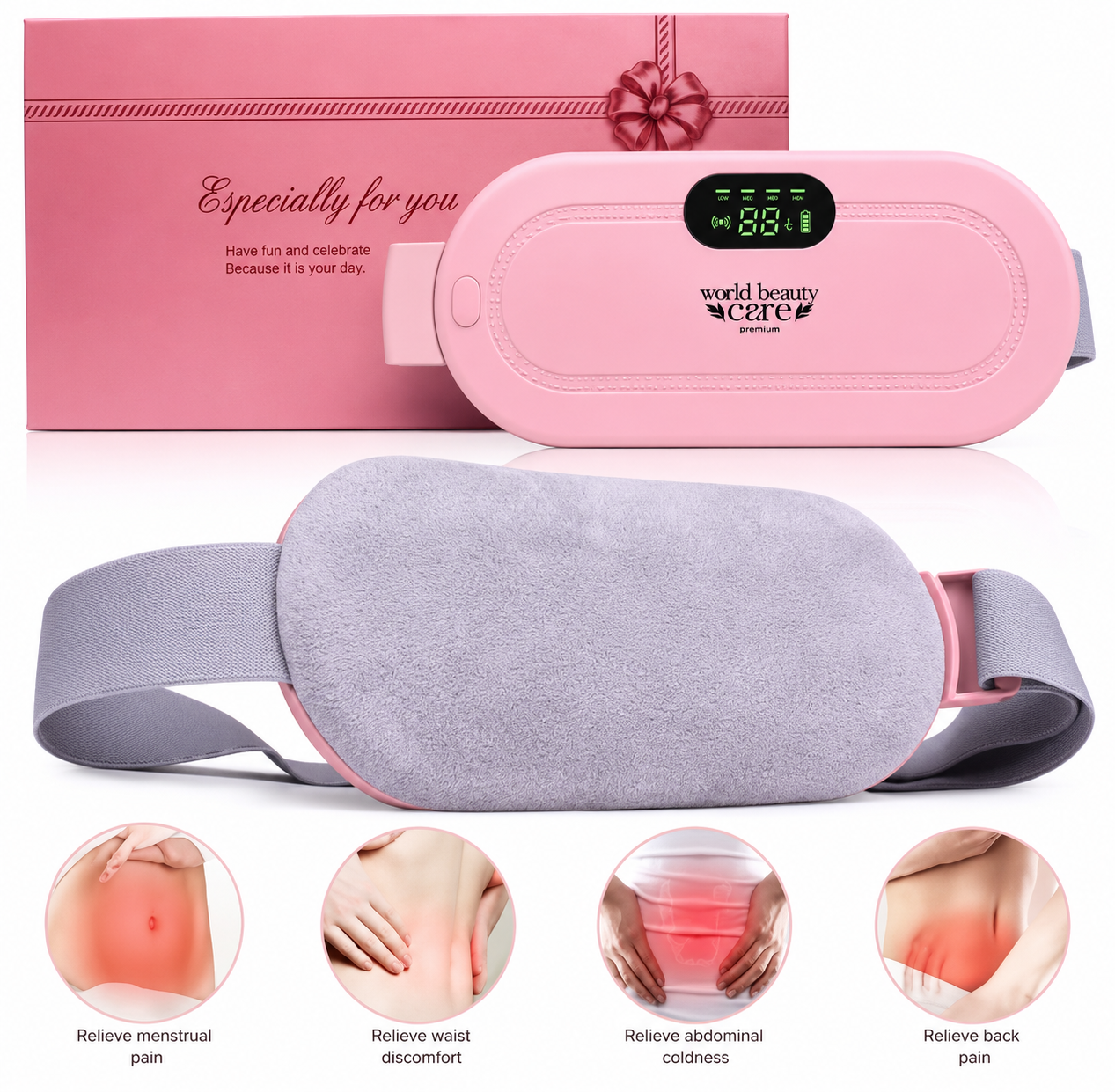 Cordless Electric Heating & Massage Belt – 3-Level Heat & 4-Level Vibration for Menstrual Cramps, Belly & Back Relief | Pink