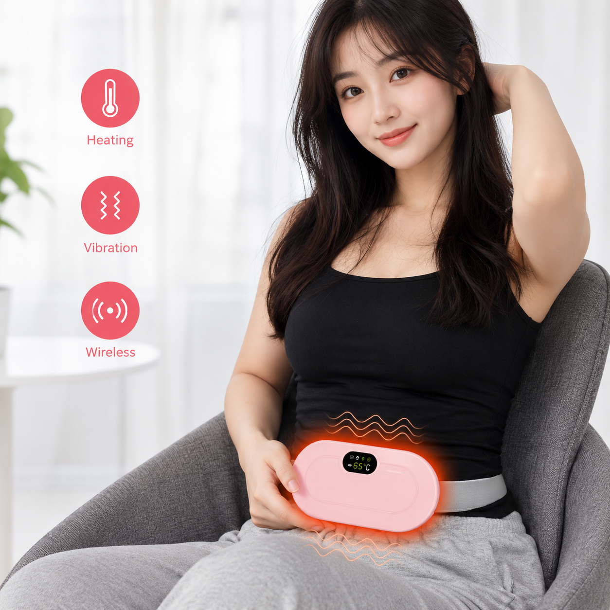 Cordless Electric Heating & Massage Belt – 3-Level Heat & 4-Level Vibration for Menstrual Cramps, Belly & Back Relief | Pink