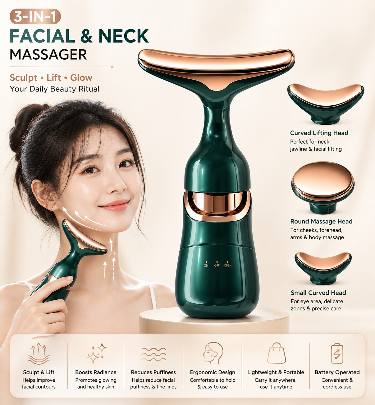 3-in-1 Facial Massager for Face, Neck & Eyes | Vibration Face Sculpting & Skincare Beauty Device