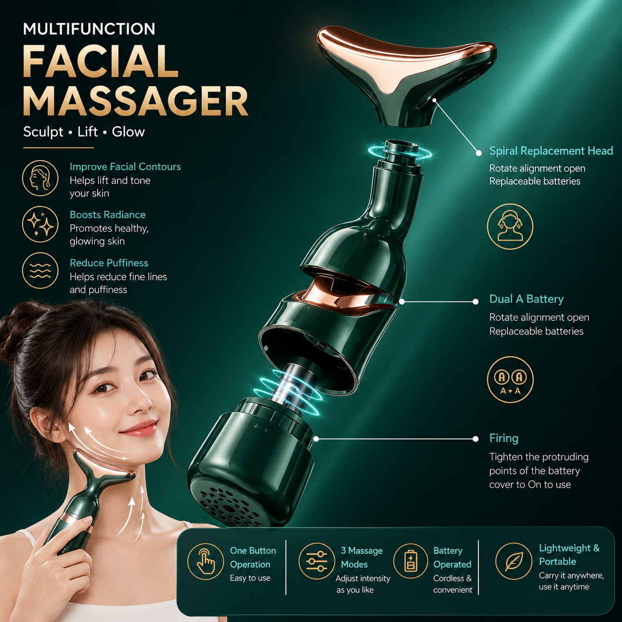 3-in-1 Facial Massager for Face, Neck & Eyes | Vibration Face Sculpting & Skincare Beauty Device