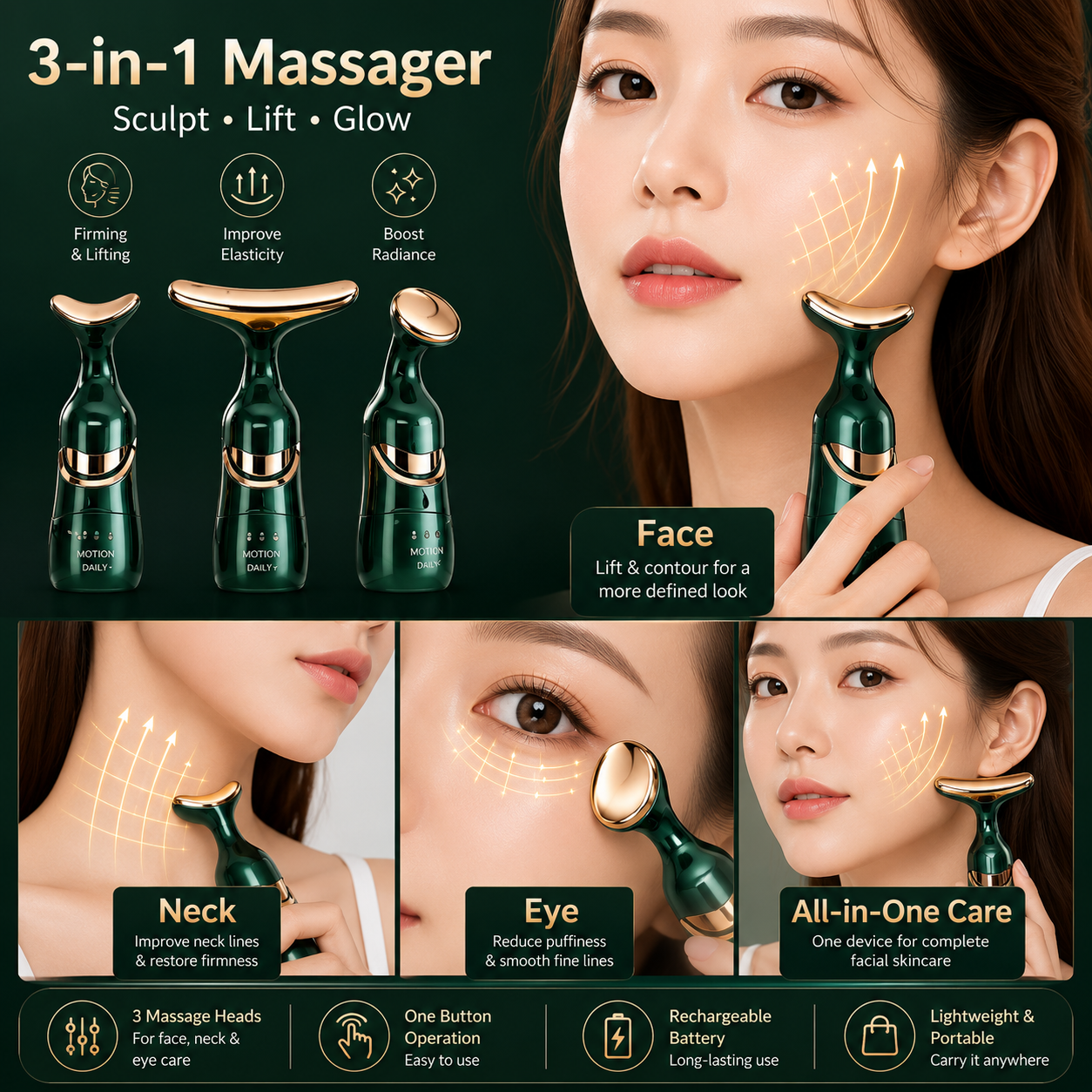 3-in-1 Facial Massager for Face, Neck & Eyes | Vibration Face Sculpting & Skincare Beauty Device