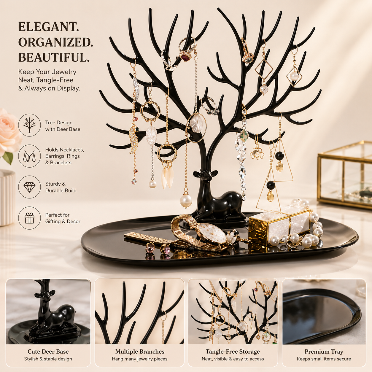 Antique Deer Tree Jewelry Organizer Stand | Necklace, Earring, Bracelet & Ring Holder | Decorative Jewelry Display Rack