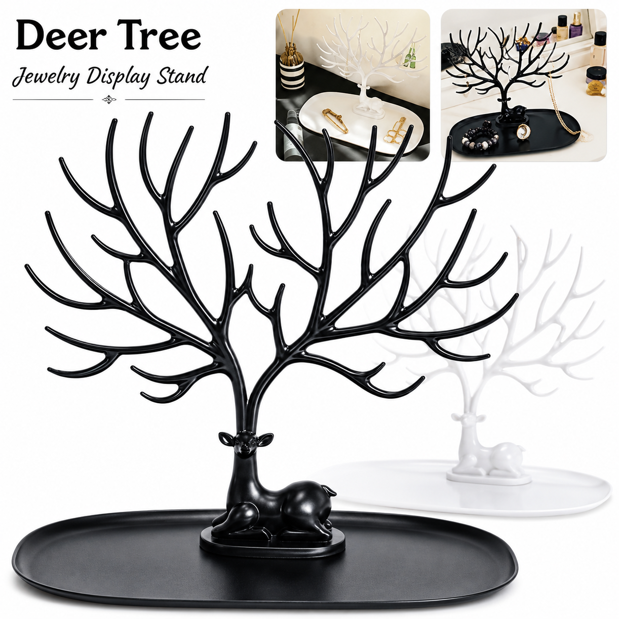 Antique Deer Tree Jewelry Organizer Stand | Necklace, Earring, Bracelet & Ring Holder | Decorative Jewelry Display Rack