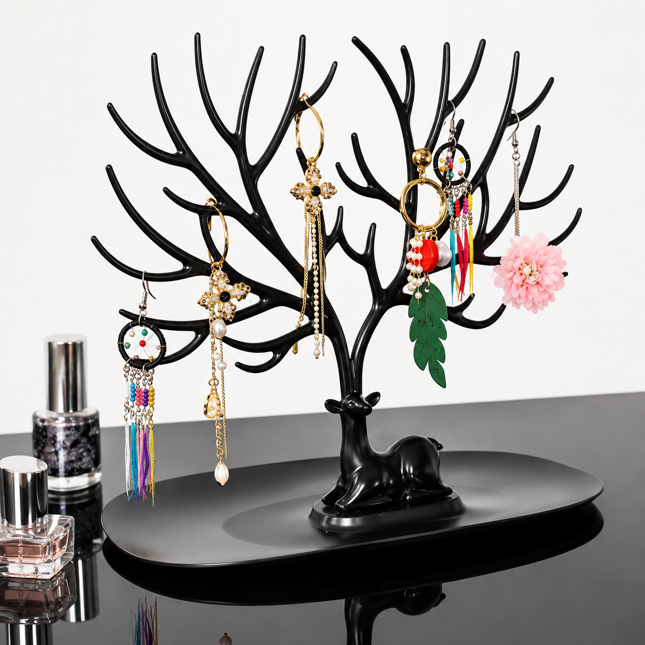 Antique Deer Tree Jewelry Organizer Stand | Necklace, Earring, Bracelet & Ring Holder | Decorative Jewelry Display Rack