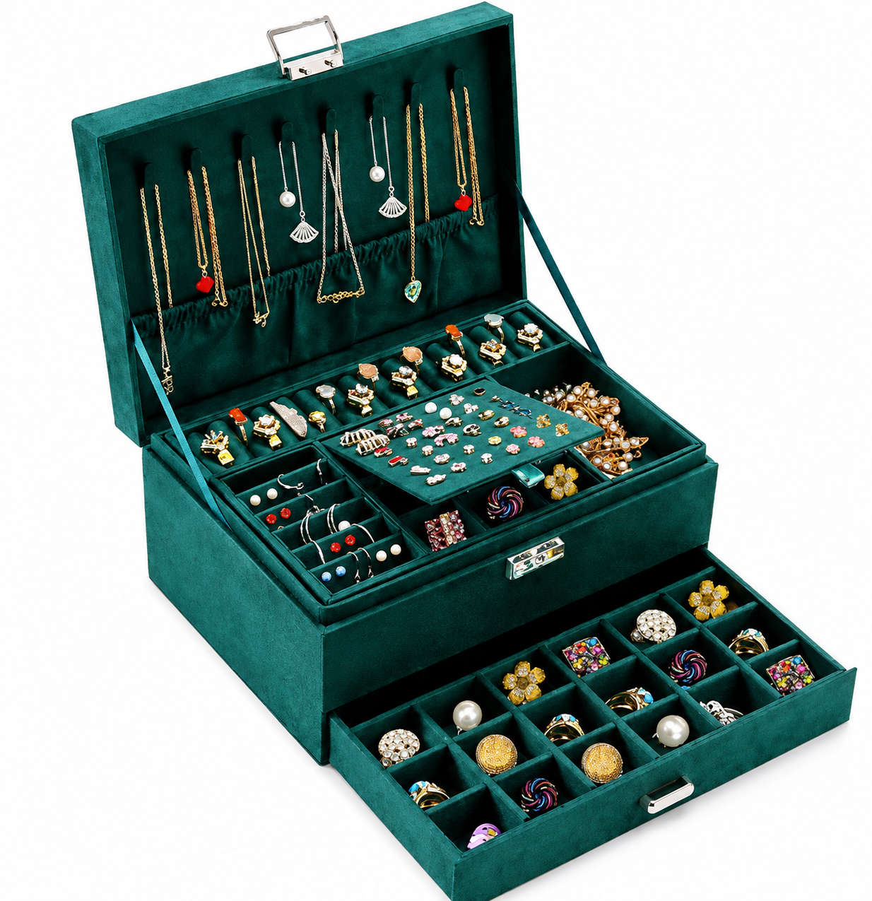 3-Layer Green Velvet Jewelry Organizer Box with Lock | Necklace, Earrings, Bracelet & Ring Storage Case