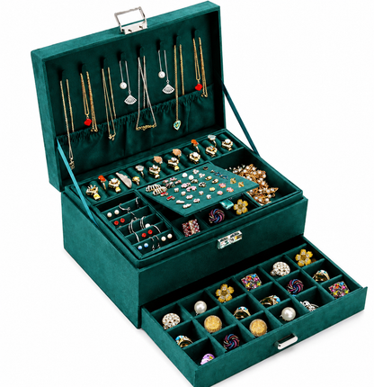 3-Layer Green Velvet Jewelry Organizer Box with Lock | Necklace, Earrings, Bracelet & Ring Storage Case