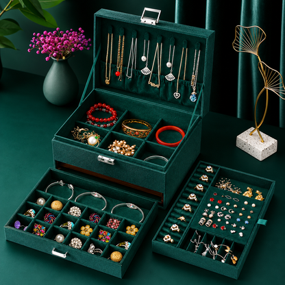 3-Layer Green Velvet Jewelry Organizer Box with Lock | Necklace, Earrings, Bracelet & Ring Storage Case