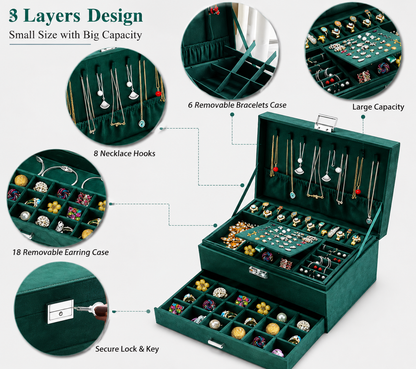 3-Layer Green Velvet Jewelry Organizer Box with Lock | Necklace, Earrings, Bracelet & Ring Storage Case