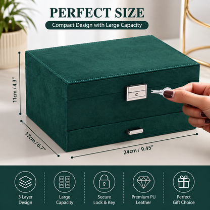 3-Layer Green Velvet Jewelry Organizer Box with Lock | Necklace, Earrings, Bracelet & Ring Storage Case