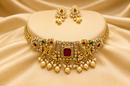 Premium Gold-Tone Choker Necklace & Earrings Set for Women & Girls | Elegant Traditional Jewellery Set