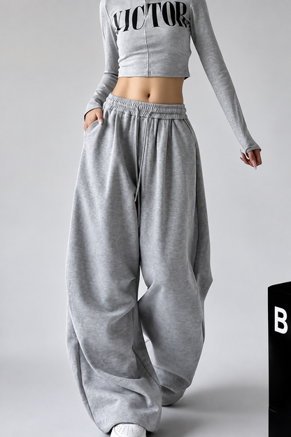 Women’s High-Waist Wide-Leg Casual Jogger Pants – Grey