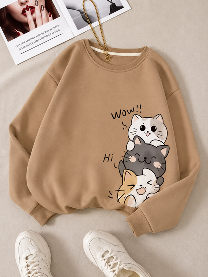 Women’s Beige Cat Print Oversized Sweatshirt – Round Neck Relaxed Fit