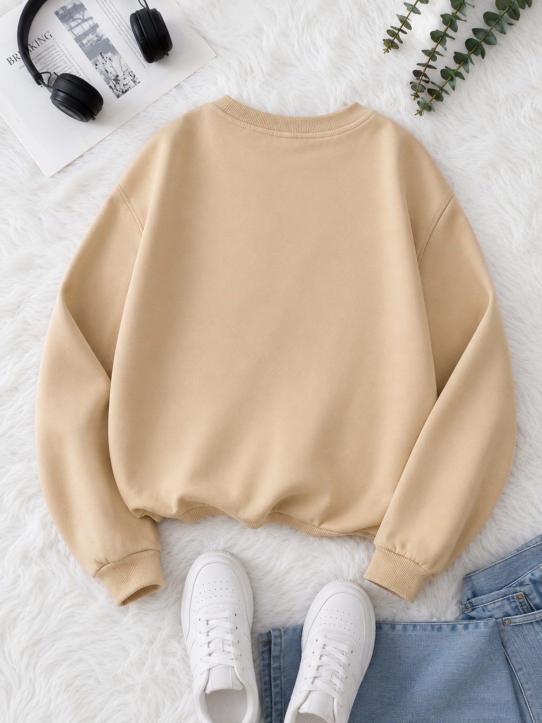 Women’s Beige Cat Print Oversized Sweatshirt – Round Neck Relaxed Fit