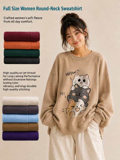 Women’s Beige Cat Print Oversized Sweatshirt – Round Neck Relaxed Fit
